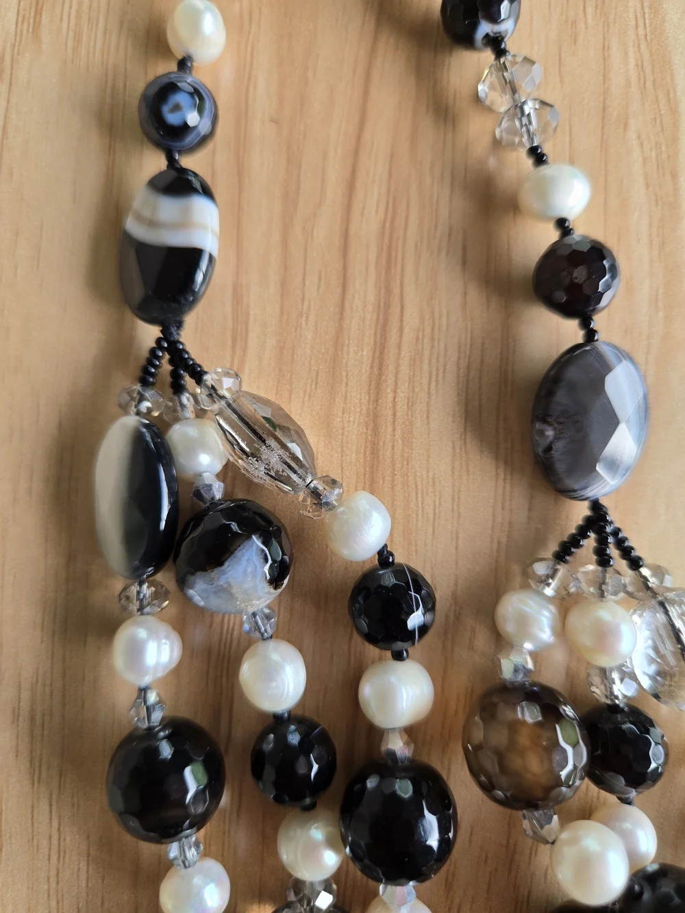Agate Pearl Crystal Multi-Strand Black White Banded Natural Stone Bead Necklace